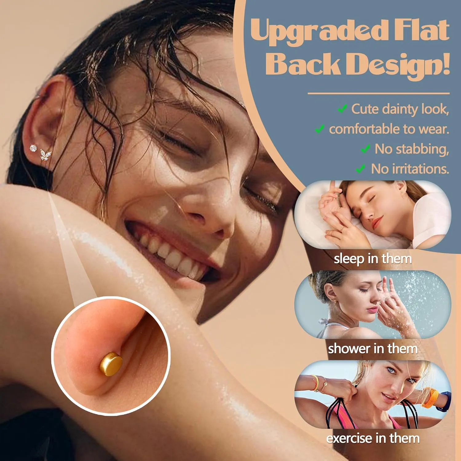 LOYALLOOK Gold Flat Back Earrings for Women Hypoallergenic Surgical Stainless Steel Earrings for Sensitive Ears Cartilage Earring Sets for Multiple Piercing Trendy Flatback Earrings Studs Small Hoop