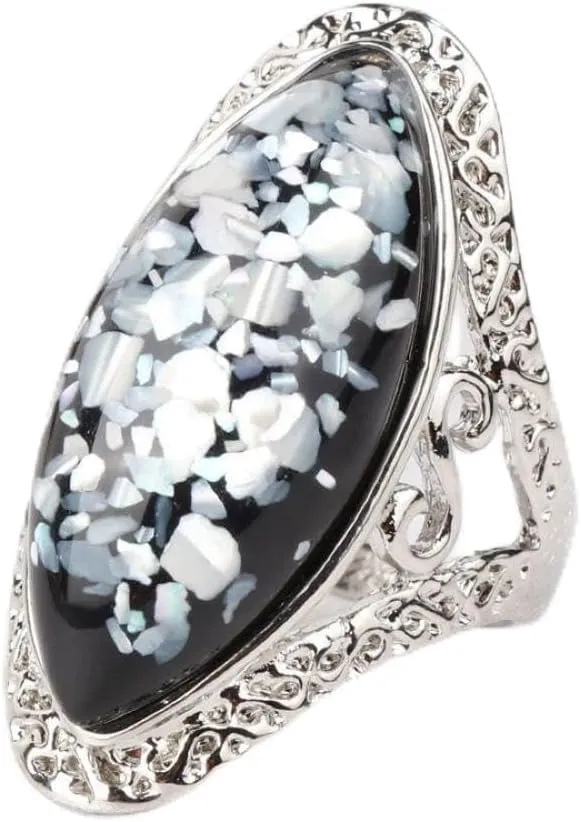 LRGKMCWTOB 925 Sterling Silver Retro Shell Ring Silver Carved Ring Teardrop Black Agate Ring Black Onyx Stone Ring 925 Sterling Silver Statement Ring Handmade Couple's Rings (Size 10