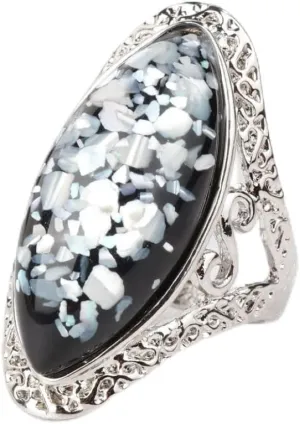 LRGKMCWTOB 925 Sterling Silver Retro Shell Ring Silver Carved Ring Teardrop Black Agate Ring Black Onyx Stone Ring 925 Sterling Silver Statement Ring Handmade Couple's Rings (Size 10