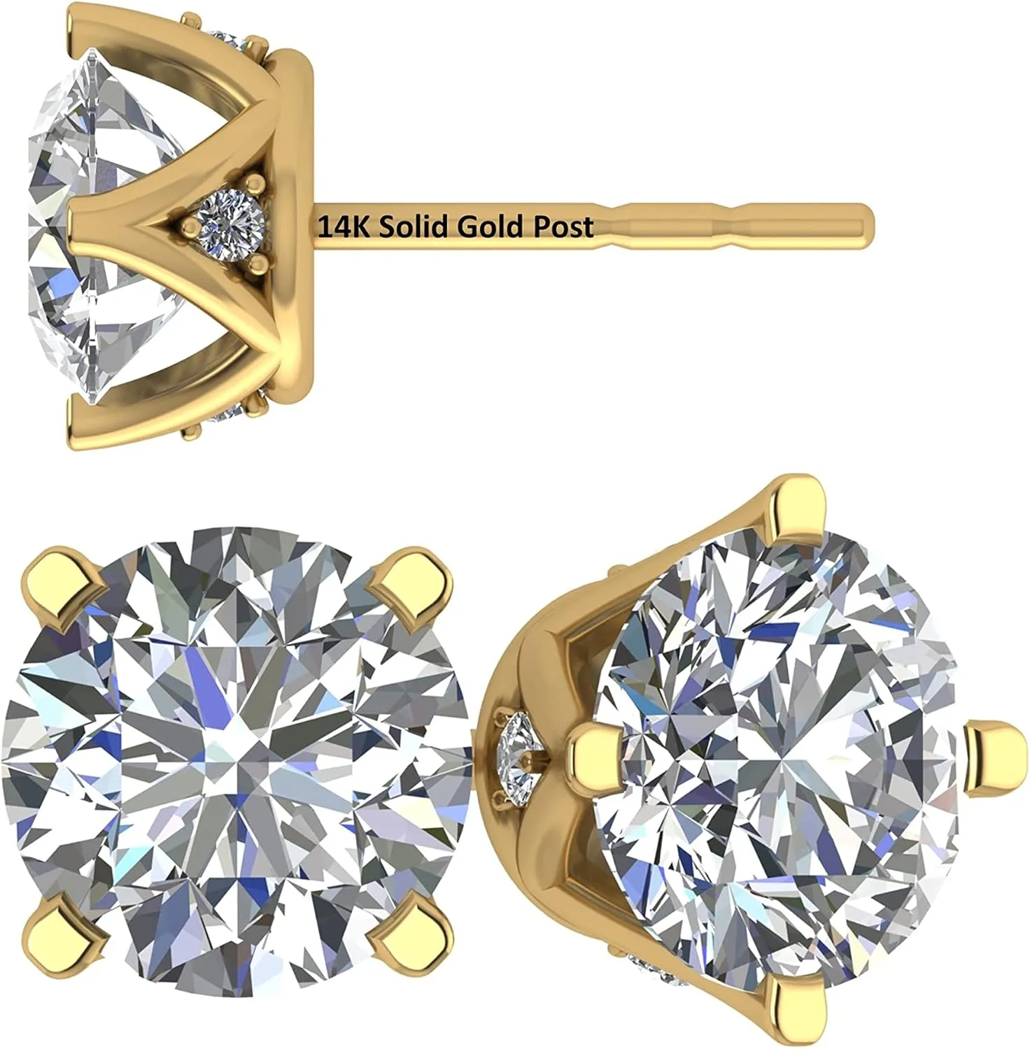 Lucita Simulated Diamond Stud Earrings with Solid 14K Gold Posts & Sterling Silver Basket, 3 & 4 Prongs