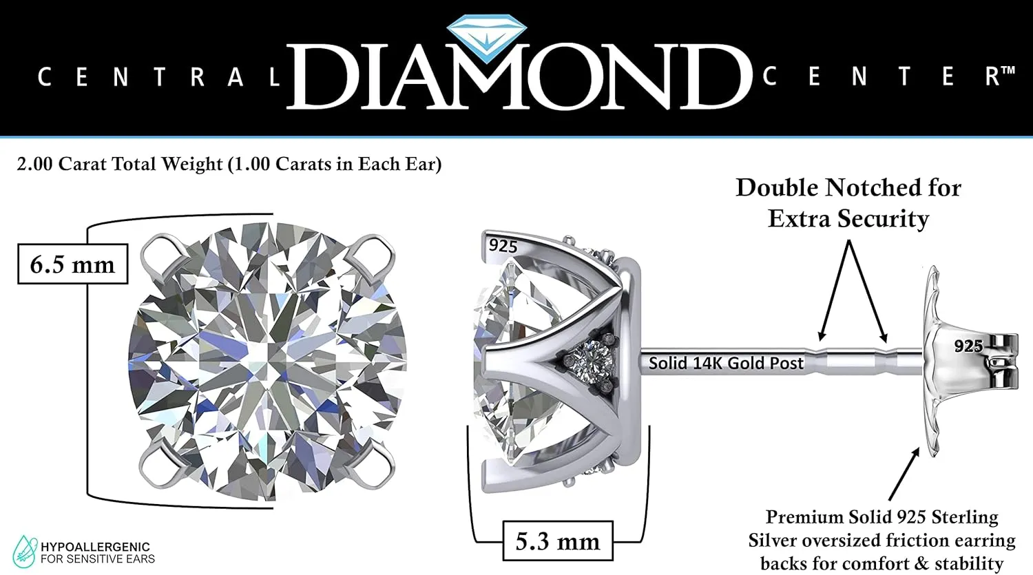 Lucita Simulated Diamond Stud Earrings with Solid 14K Gold Posts & Sterling Silver Basket, 3 & 4 Prongs