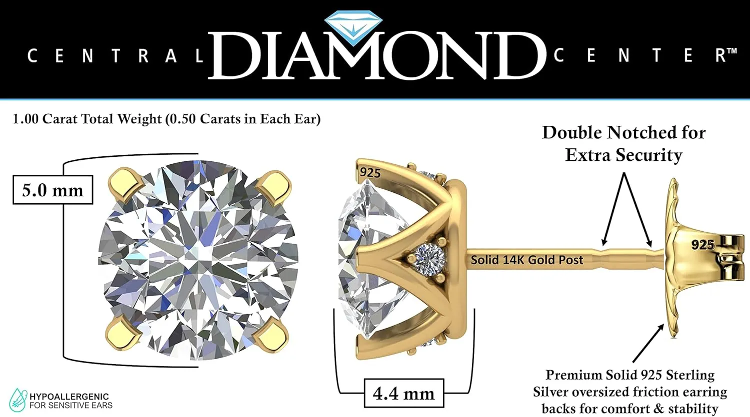 Lucita Simulated Diamond Stud Earrings with Solid 14K Gold Posts & Sterling Silver Basket, 3 & 4 Prongs