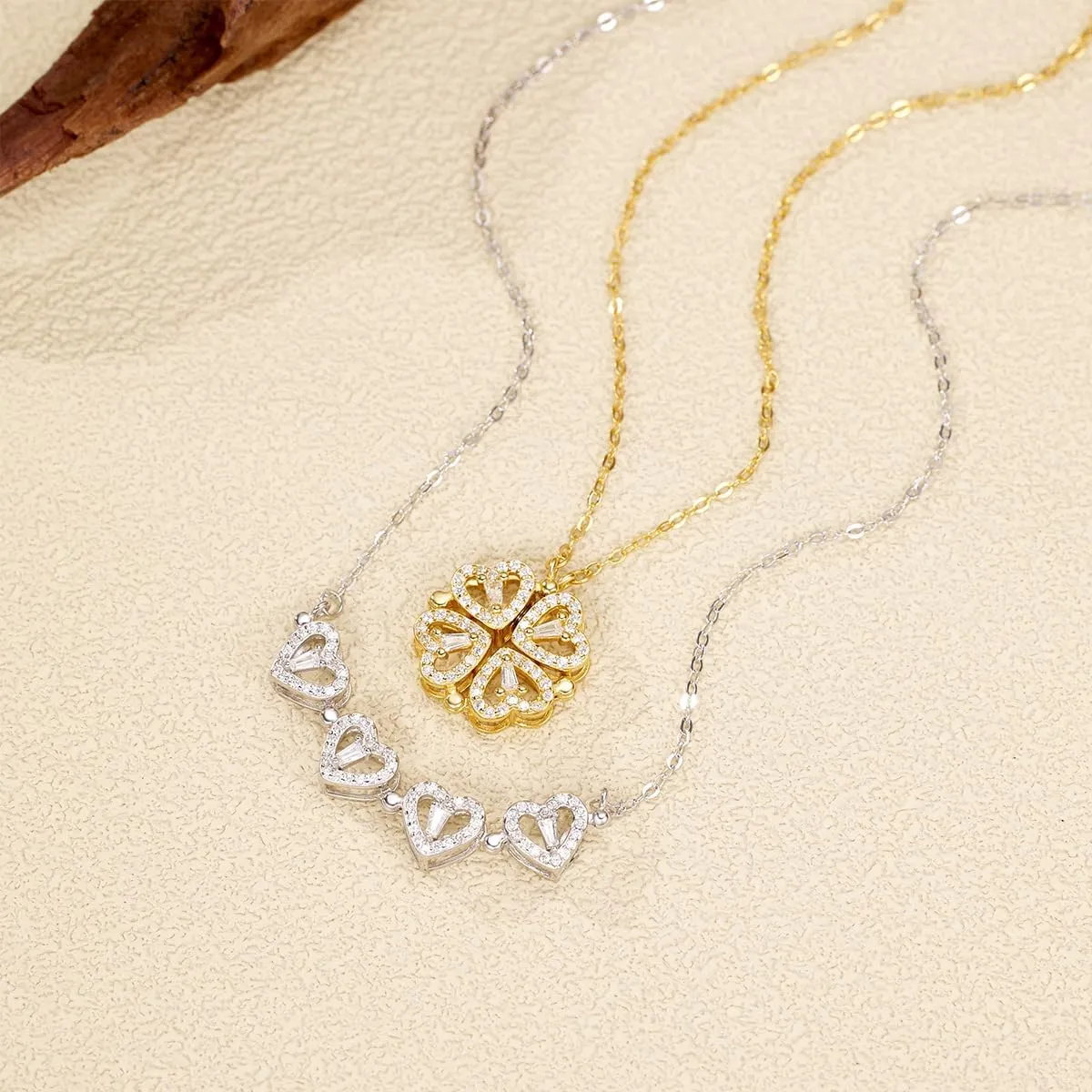 Lucky Dainty Four Leaf Folding Pendant Necklace 18K Gold Plated 925 Sterling Silver Heart Crystal Cubic Zirconia Diamond Collapsible Necklace Anniversary Birthday Gift for Mother Teen Girls (Gold)