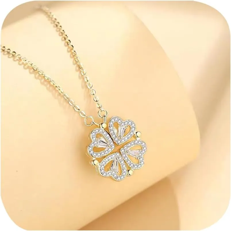 Lucky Dainty Four Leaf Folding Pendant Necklace 18K Gold Plated 925 Sterling Silver Heart Crystal Cubic Zirconia Diamond Collapsible Necklace Anniversary Birthday Gift for Mother Teen Girls (Gold)