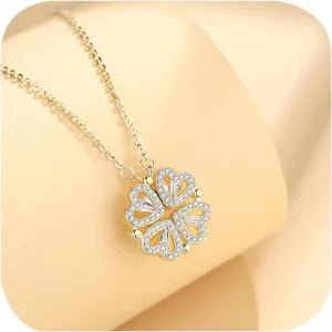 Lucky Dainty Four Leaf Folding Pendant Necklace 18K Gold Plated 925 Sterling Silver Heart Crystal Cubic Zirconia Diamond Collapsible Necklace Anniversary Birthday Gift for Mother Teen Girls (Gold)