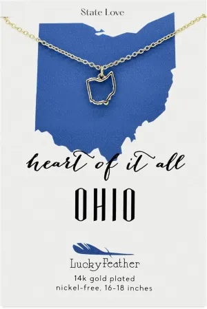 Lucky Feather Ohio Shaped State Necklace, 14K Gold-Dipped Pendant on Adjustable 16-18 Chain