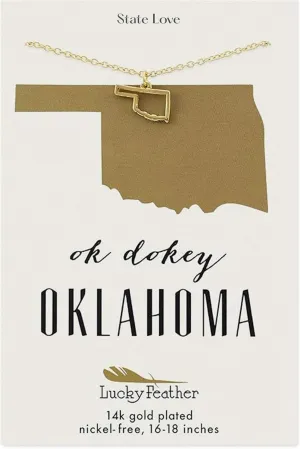 Lucky Feather Oklahoma Shaped State Necklace, 14K Gold-Dipped Pendant on Adjustable 16-18 Chain