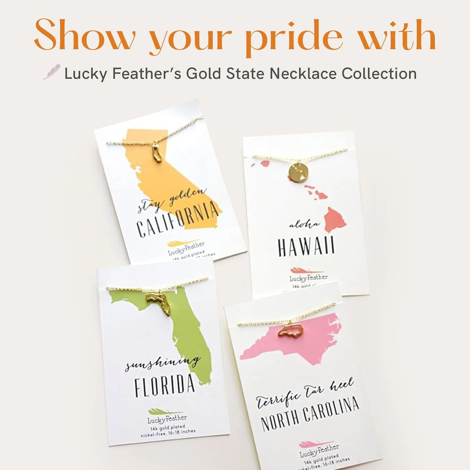 Lucky Feather State Necklace 14K Gold-Dipped Pendant on Adjustable 16-18 Chain