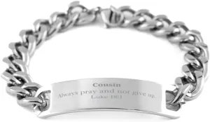 Luke 18:1 Stainless Steel Cuban Chain Bracelet for Cousin, Inspirational Prayer Jewelry for Christmas, Graduation, and Veterans Day