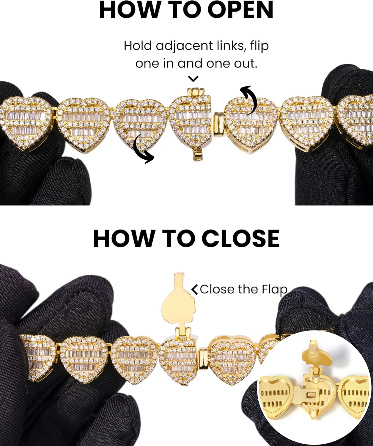 Lulu Mel Iced 12mm Heart Baguette Chain Necklace For Women, Hip Hop Full CZ 14K Gold Plated 16-18 Inches Choker Necklace Rapper Chains With Gift Box