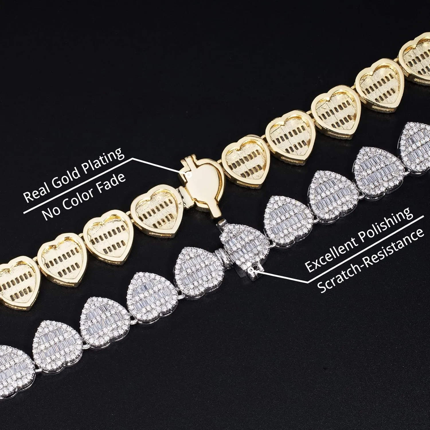 Lulu Mel Iced 12mm Heart Baguette Chain Necklace For Women, Hip Hop Full CZ 14K Gold Plated 16-18 Inches Choker Necklace Rapper Chains With Gift Box