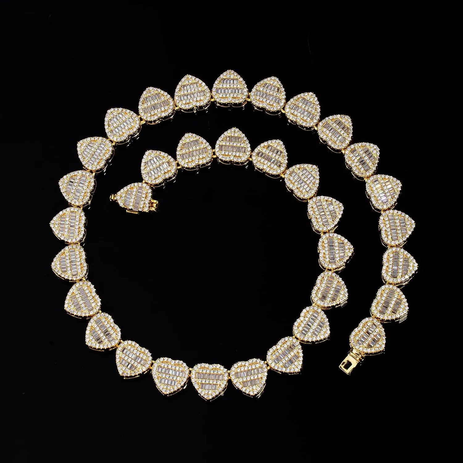 Lulu Mel Iced 12mm Heart Baguette Chain Necklace For Women, Hip Hop Full CZ 14K Gold Plated 16-18 Inches Choker Necklace Rapper Chains With Gift Box