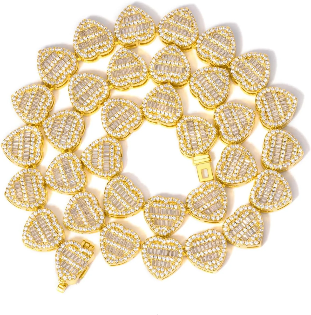Lulu Mel Iced 12mm Heart Baguette Chain Necklace For Women, Hip Hop Full CZ 14K Gold Plated 16-18 Inches Choker Necklace Rapper Chains With Gift Box