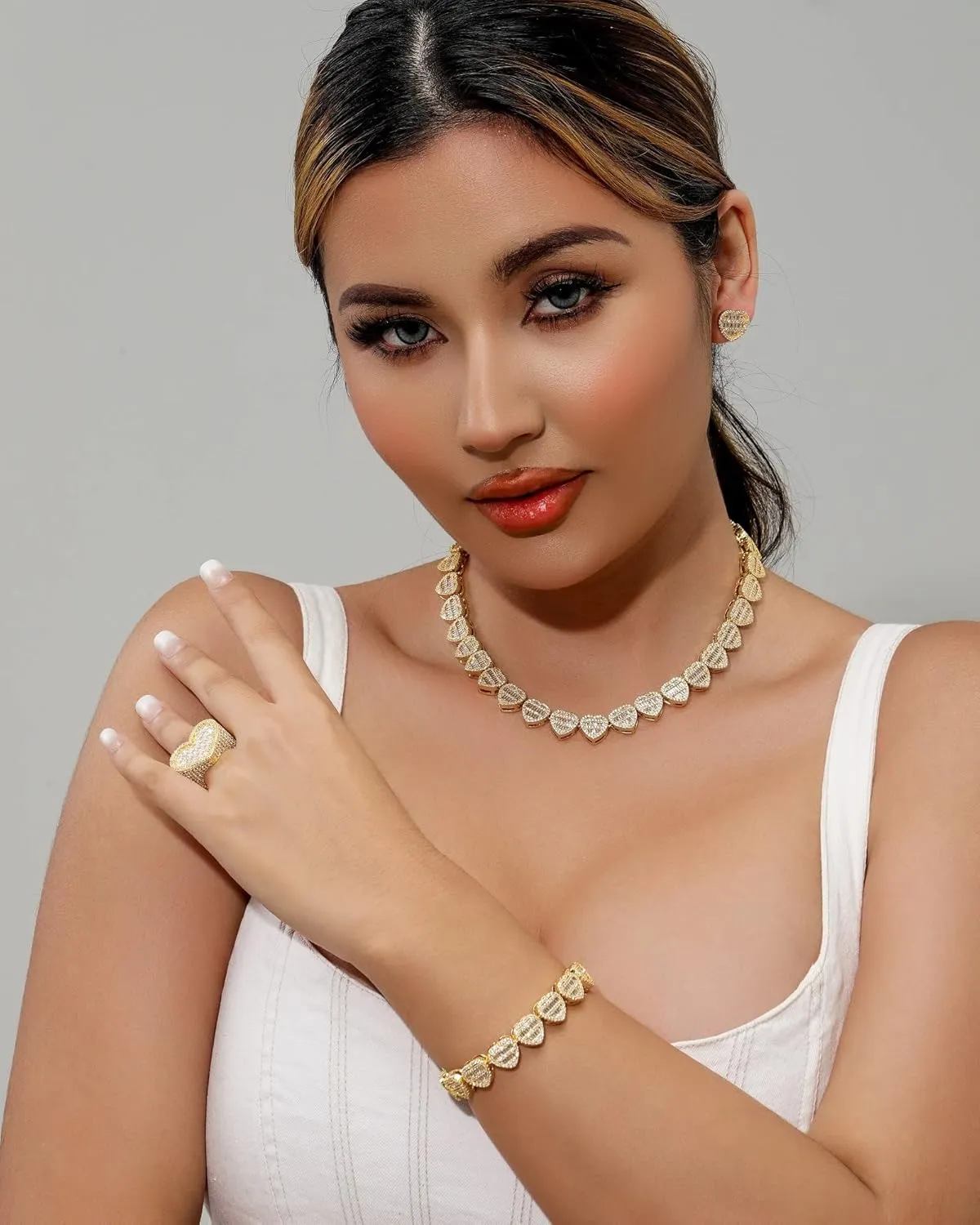 Lulu Mel Iced 12mm Heart Baguette Chain Necklace For Women, Hip Hop Full CZ 14K Gold Plated 16-18 Inches Choker Necklace Rapper Chains With Gift Box
