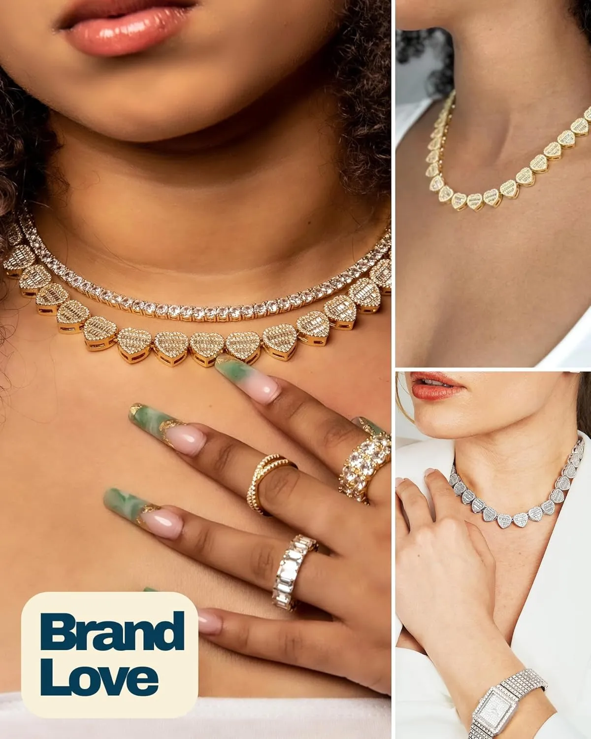 Lulu Mel Iced 12mm Heart Baguette Chain Necklace For Women, Hip Hop Full CZ 14K Gold Plated 16-18 Inches Choker Necklace Rapper Chains With Gift Box