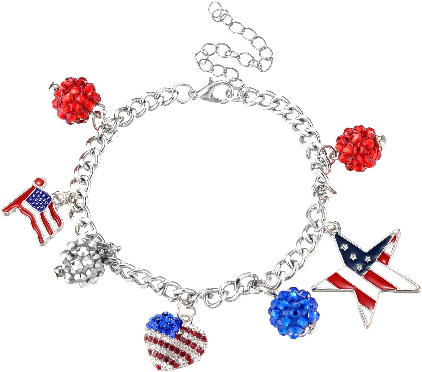 LUX ACCESSORIES Christmas Red Blue Heart Star American Flag Rhinestones Silver Chain Bracelet