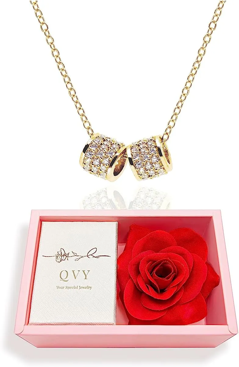 Luxury 2 Pave Ring Pendant Necklace for Women 14K Gold Plated Stainless Steel Jewelry Dainty Cubic Zirconia Cylinder Circle Necklace Holiday Birthday Gifts [CLN-G-GW]