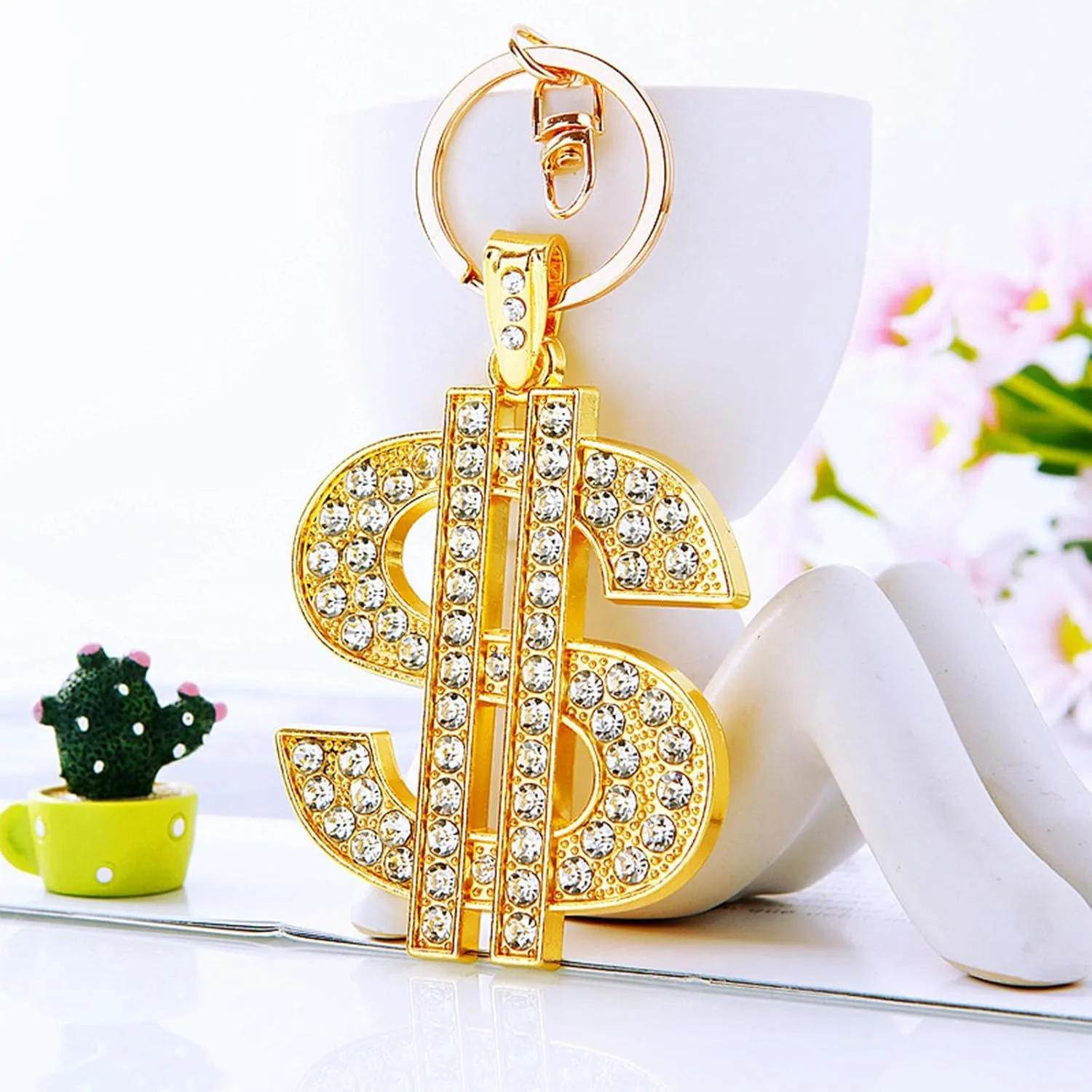 Luxury Religious Keychain, Gold Dollar Sign, Rhinestone Cross, Angel Wings Cross Keychains for Car, Bag, Key Accessories