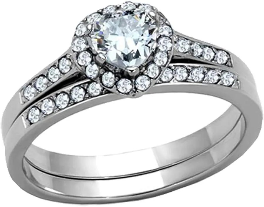 MABELLA His Hers Couple Rings Women's Stainless Steel Heart Cut AAA Cubic Zirconia Wedding Engagement Ring Bridal Sets& Men's Black Titanium Matching Band