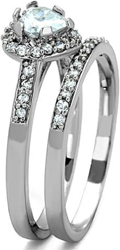 MABELLA His Hers Couple Rings Women's Stainless Steel Heart Cut AAA Cubic Zirconia Wedding Engagement Ring Bridal Sets& Men's Black Titanium Matching Band