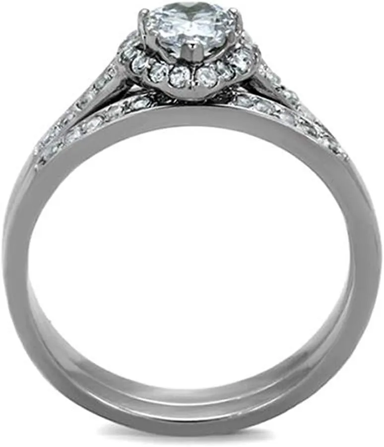 MABELLA His Hers Couple Rings Women's Stainless Steel Heart Cut AAA Cubic Zirconia Wedding Engagement Ring Bridal Sets& Men's Black Titanium Matching Band
