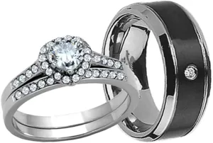 MABELLA His Hers Couple Rings Women's Stainless Steel Heart Cut AAA Cubic Zirconia Wedding Engagement Ring Bridal Sets& Men's Black Titanium Matching Band