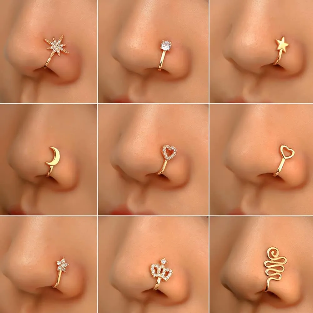 Magik 2 Pcs Star Heart Crown Nose Ring Copper Durable Fake Non-Pierced Nose Clip