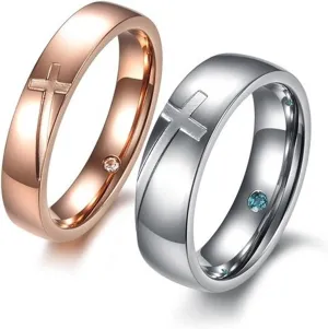 Matching Rings for Couples Silver Rose Gold, Titanium Steel Rings Cross Round Zircon