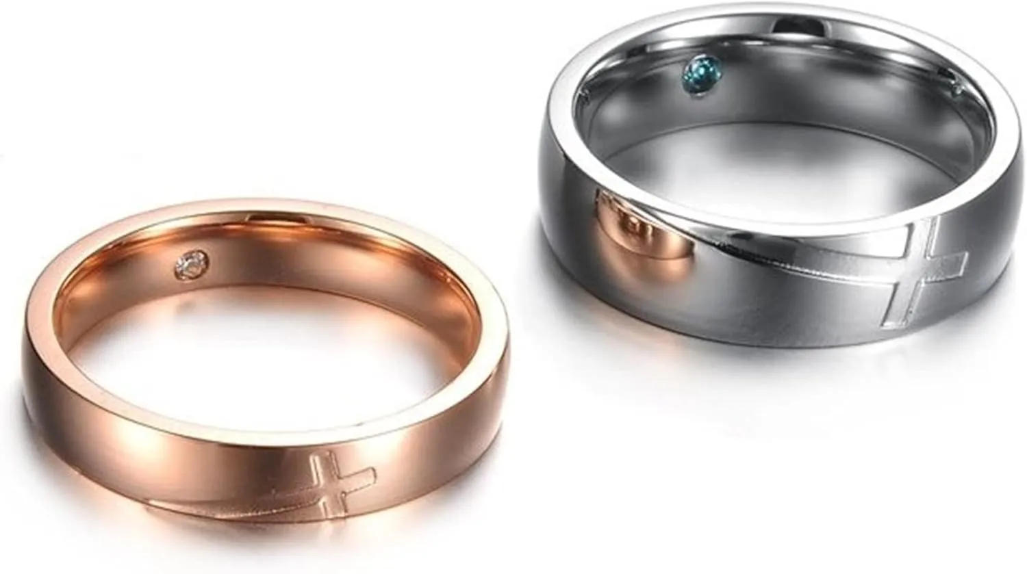 Matching Rings for Couples Silver Rose Gold, Titanium Steel Rings Cross Round Zircon
