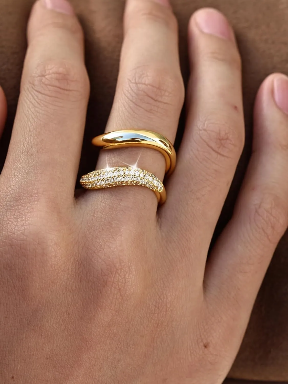 MBW Stackable Cubic Zirconia Gold Wave Rings for Women, Stacking Gold Rings That Don't Tarnish CZ Bands Statement Gold Rings Chunky 14k Gold Plated Wavy 2 Rings Set Jewelry Gifts for Women Size 5-10