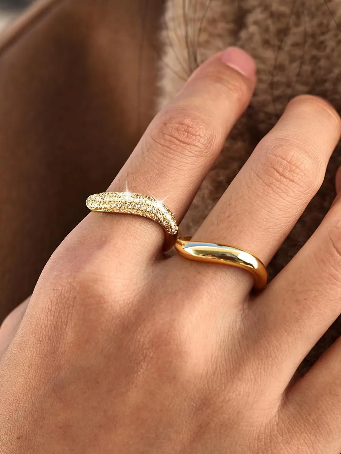 MBW Stackable Cubic Zirconia Gold Wave Rings for Women, Stacking Gold Rings That Don't Tarnish CZ Bands Statement Gold Rings Chunky 14k Gold Plated Wavy 2 Rings Set Jewelry Gifts for Women Size 5-10