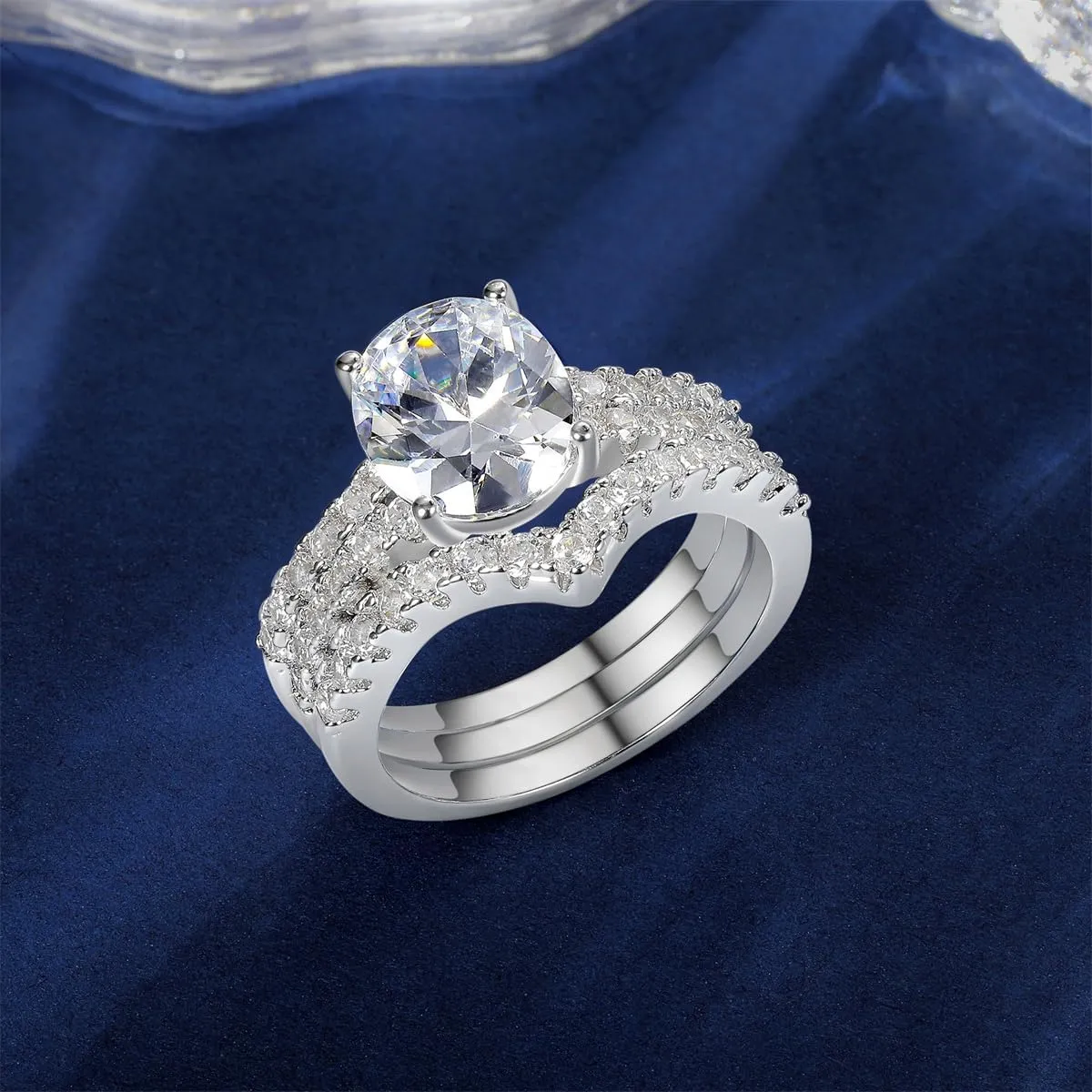 MDFUN 18K Yellow Gold Plated 7 * 9mm Oval Cubic Zirconia Three-in-One Wedding Band Engagement Promise Eternity Ring for Women