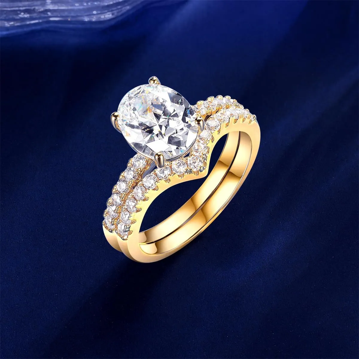 MDFUN 18K Yellow Gold Plated 7 * 9mm Oval Cubic Zirconia Two-in-One Wedding Band Engagement Promise Eternity Ring for Women