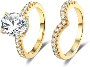 MDFUN 18K Yellow Gold Plated 7 * 9mm Oval Cubic Zirconia Two-in-One Wedding Band Engagement Promise Eternity Ring for Women