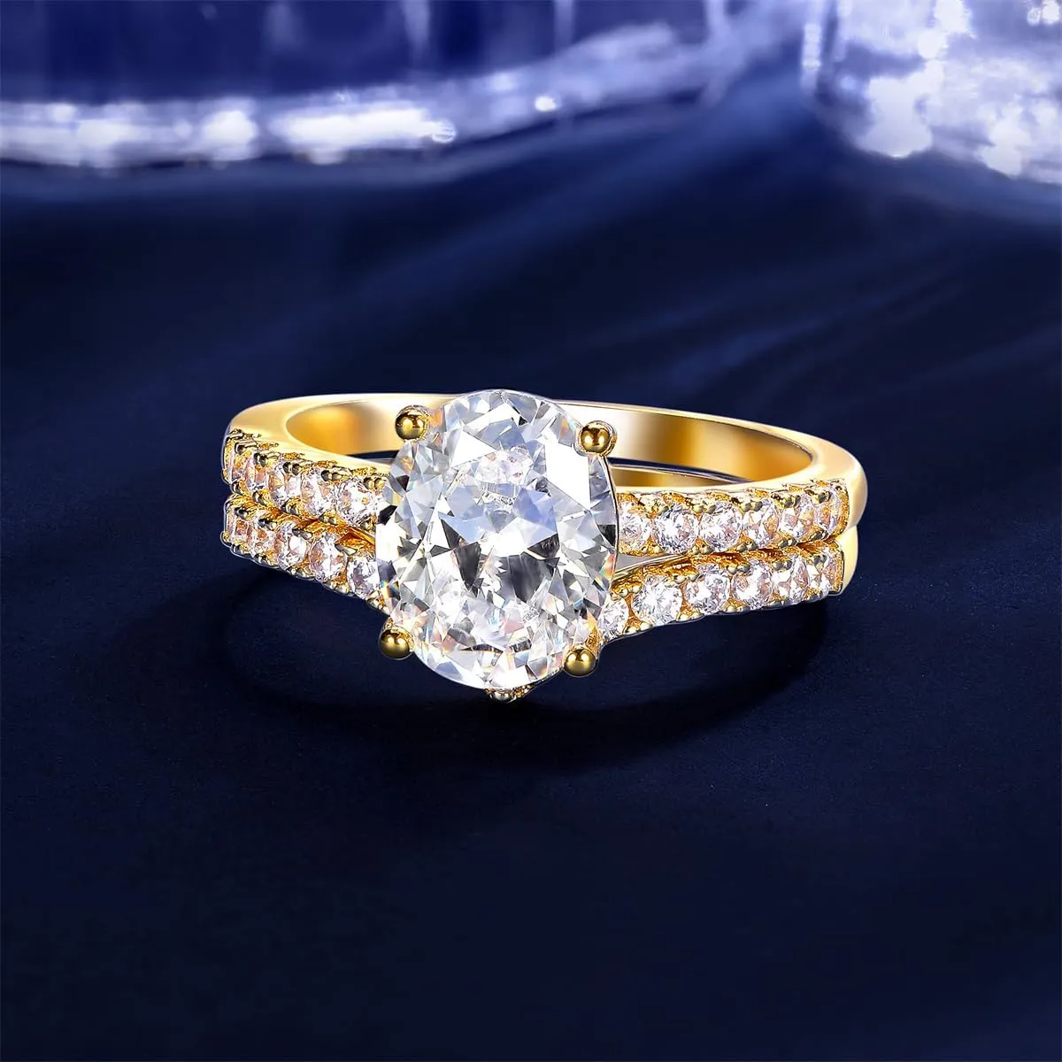 MDFUN 18K Yellow Gold Plated 7 * 9mm Oval Cubic Zirconia Two-in-One Wedding Band Engagement Promise Eternity Ring for Women