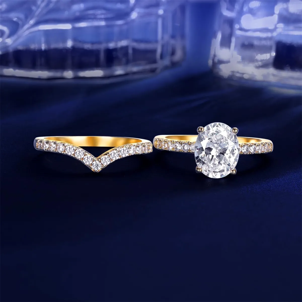 MDFUN 18K Yellow Gold Plated 7 * 9mm Oval Cubic Zirconia Two-in-One Wedding Band Engagement Promise Eternity Ring for Women