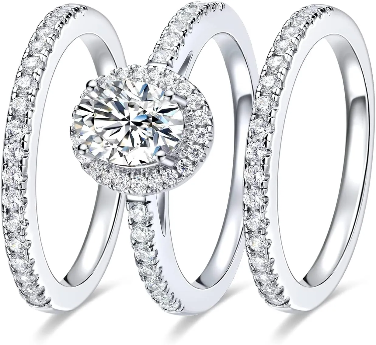 MDFUN Three-in-One Oval Halo Wedding Bands Set Engagement Rings 18K White Gold Plated Cubic Zirconia Promise Eternity Band for Women Size 5-10