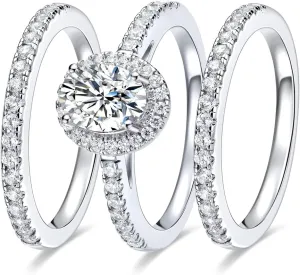 MDFUN Three-in-One Oval Halo Wedding Bands Set Engagement Rings 18K White Gold Plated Cubic Zirconia Promise Eternity Band for Women Size 5-10