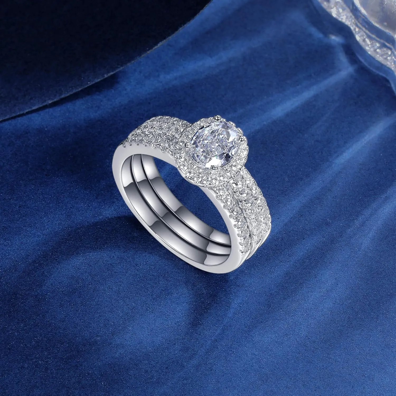 MDFUN Three-in-One Oval Halo Wedding Bands Set Engagement Rings 18K White Gold Plated Cubic Zirconia Promise Eternity Band for Women Size 5-10