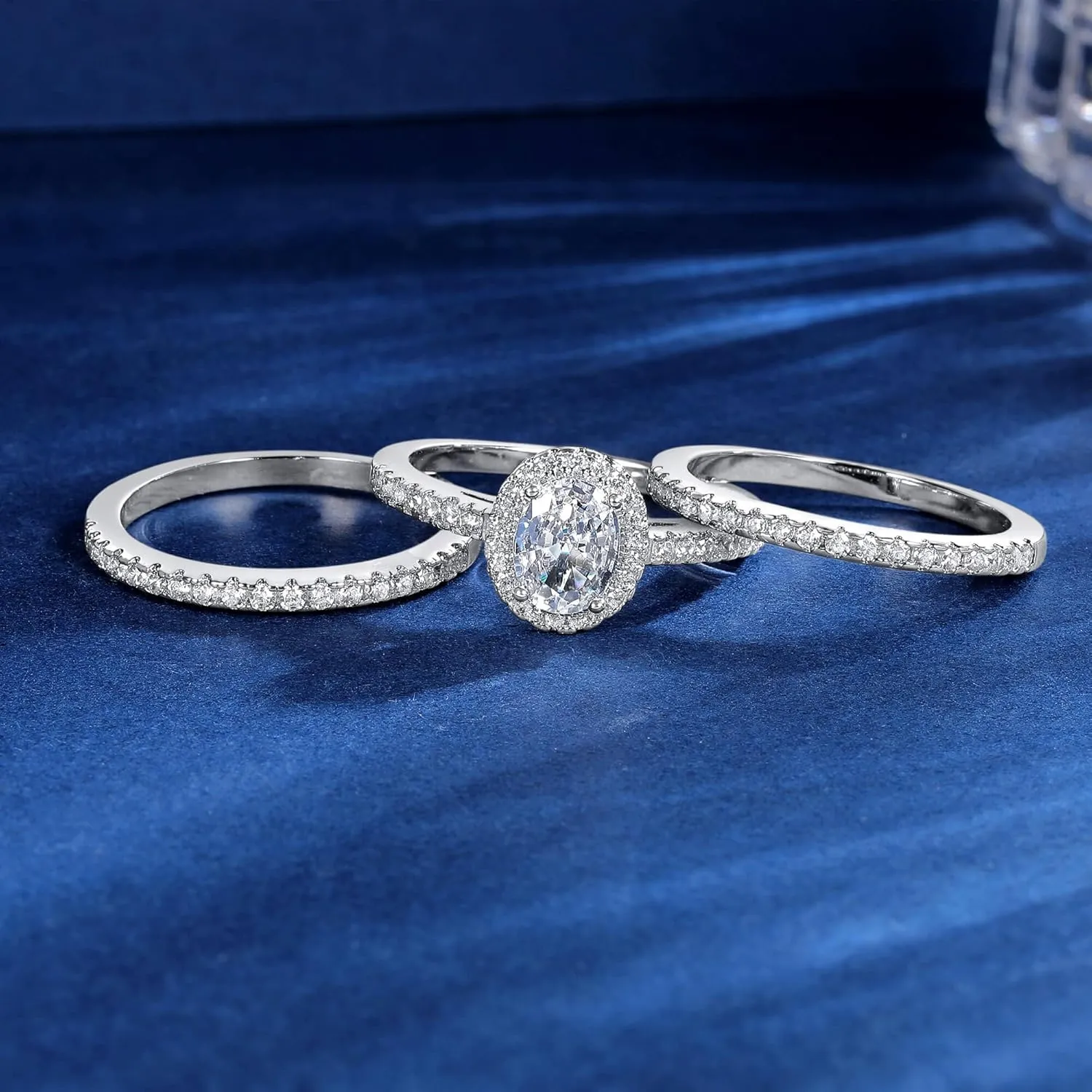 MDFUN Three-in-One Oval Halo Wedding Bands Set Engagement Rings 18K White Gold Plated Cubic Zirconia Promise Eternity Band for Women Size 5-10