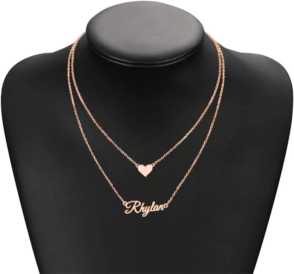 MeMoShe Layered Choker Name Necklace Personalized with Heart, Custom Nameplate Pendant 18K Gold Plated