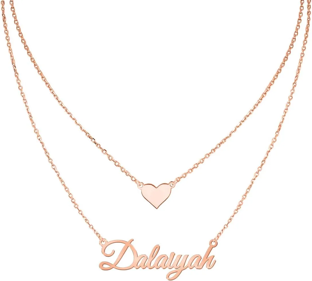 MeMoShe Layered Choker Name Necklace Personalized with Heart, Custom Nameplate Pendant 18K Gold Plated