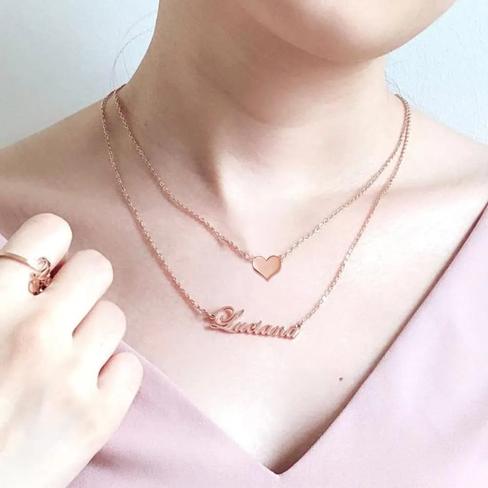 MeMoShe Layered Choker Name Necklace Personalized with Heart, Custom Nameplate Pendant 18K Gold Plated