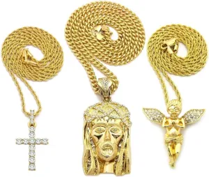 Men Gold Iced Out Jesus, Praying Hands, Ankh, Cross, Angel Hip Hop Pendant Chain Necklace Set