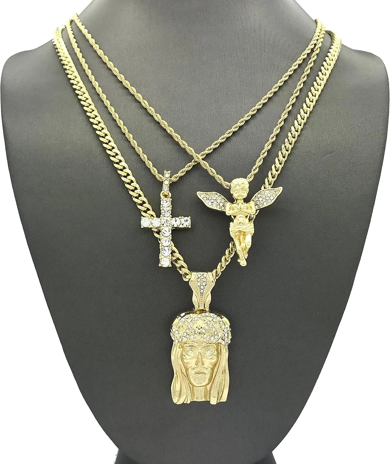 Men Gold Iced Out Jesus, Praying Hands, Ankh, Cross, Angel Hip Hop Pendant Chain Necklace Set