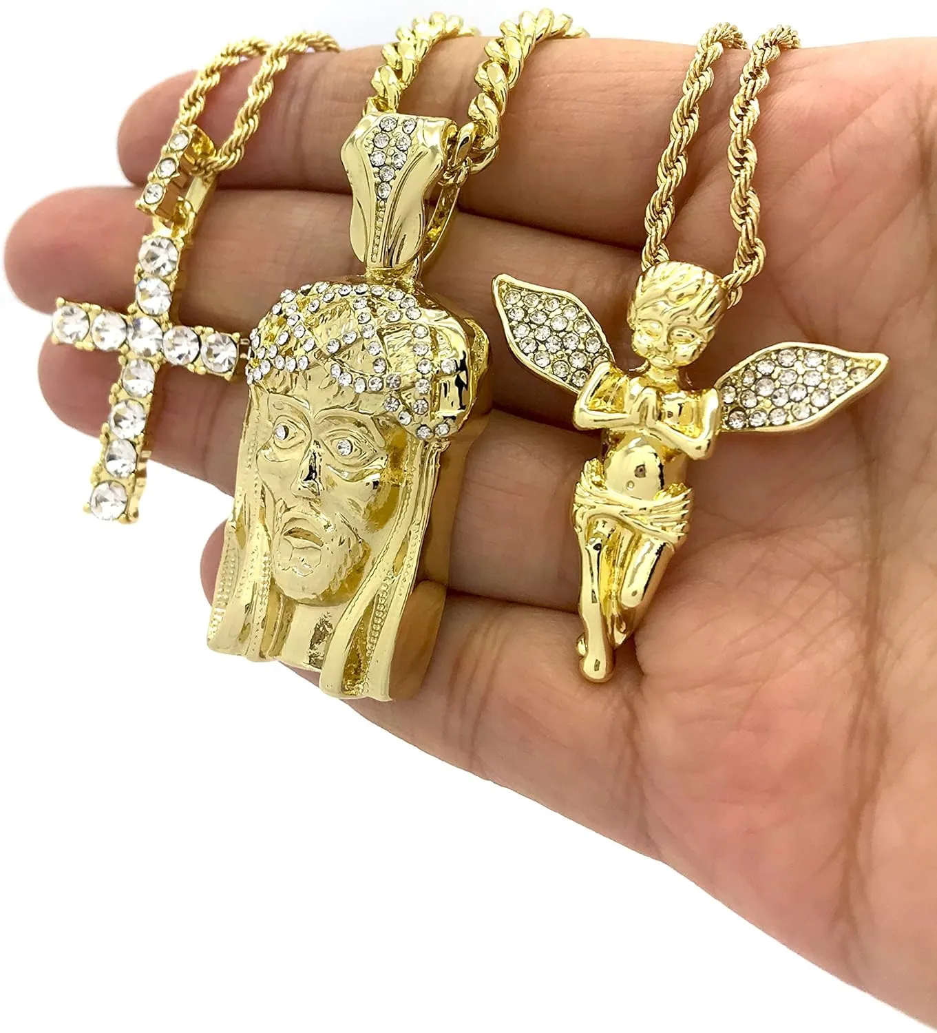 Men Gold Iced Out Jesus, Praying Hands, Ankh, Cross, Angel Hip Hop Pendant Chain Necklace Set