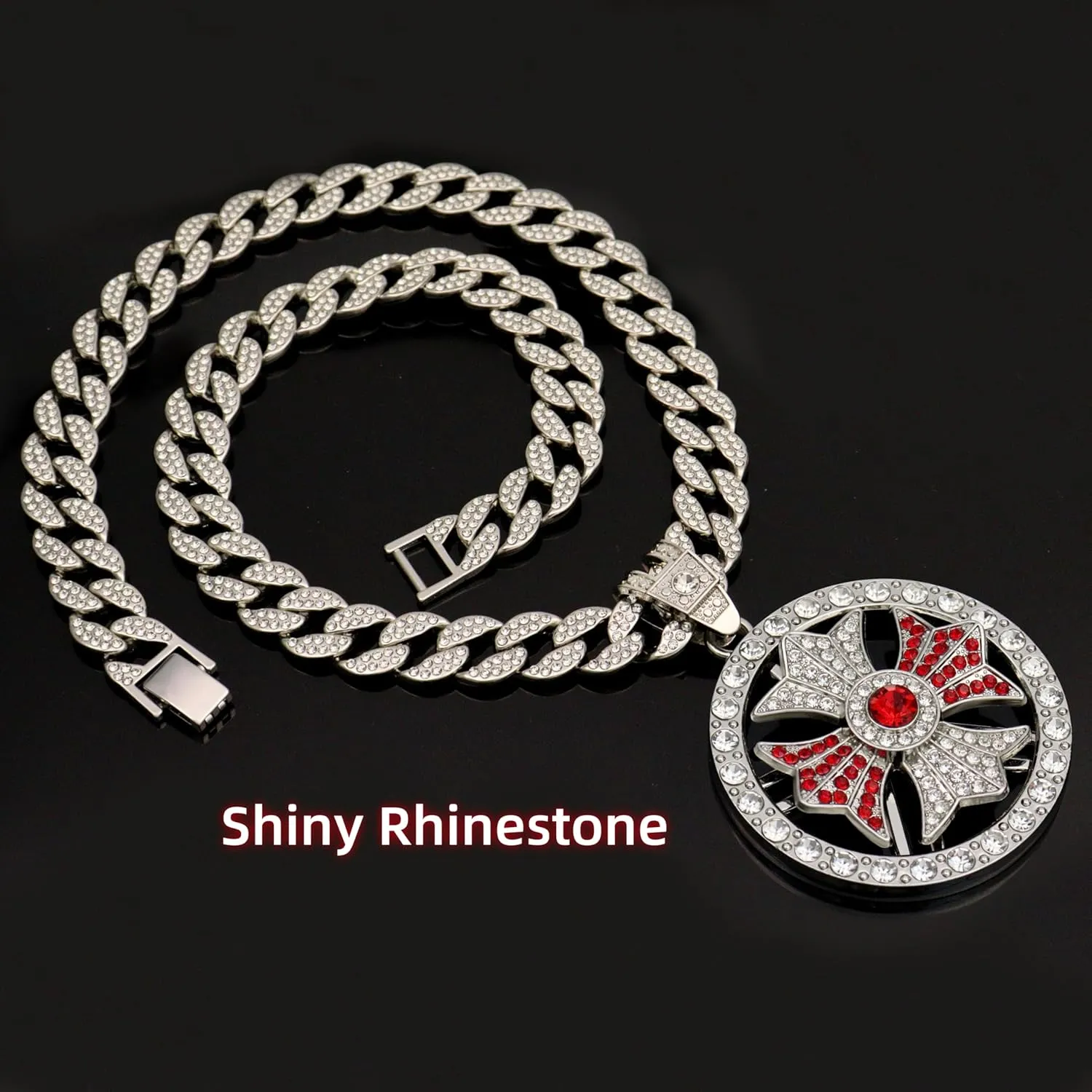 Men Hip Hop 18K Gold Silver Plated Diamond Cuban Link Chain Necklace Round Spinner Rotatable Spider Cross Windmill Pendant Necklace Shiny Rhinestone Pendant Jewelry