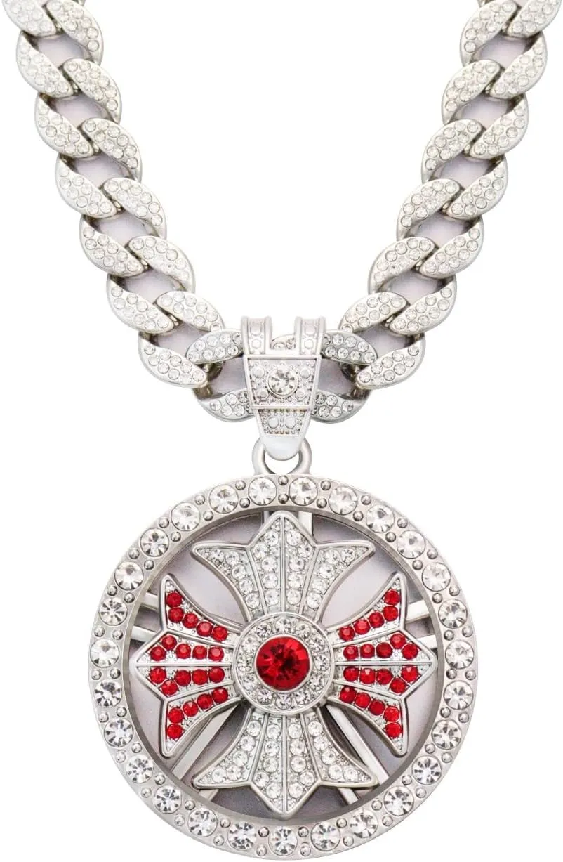 Men Hip Hop 18K Gold Silver Plated Diamond Cuban Link Chain Necklace Round Spinner Rotatable Spider Cross Windmill Pendant Necklace Shiny Rhinestone Pendant Jewelry
