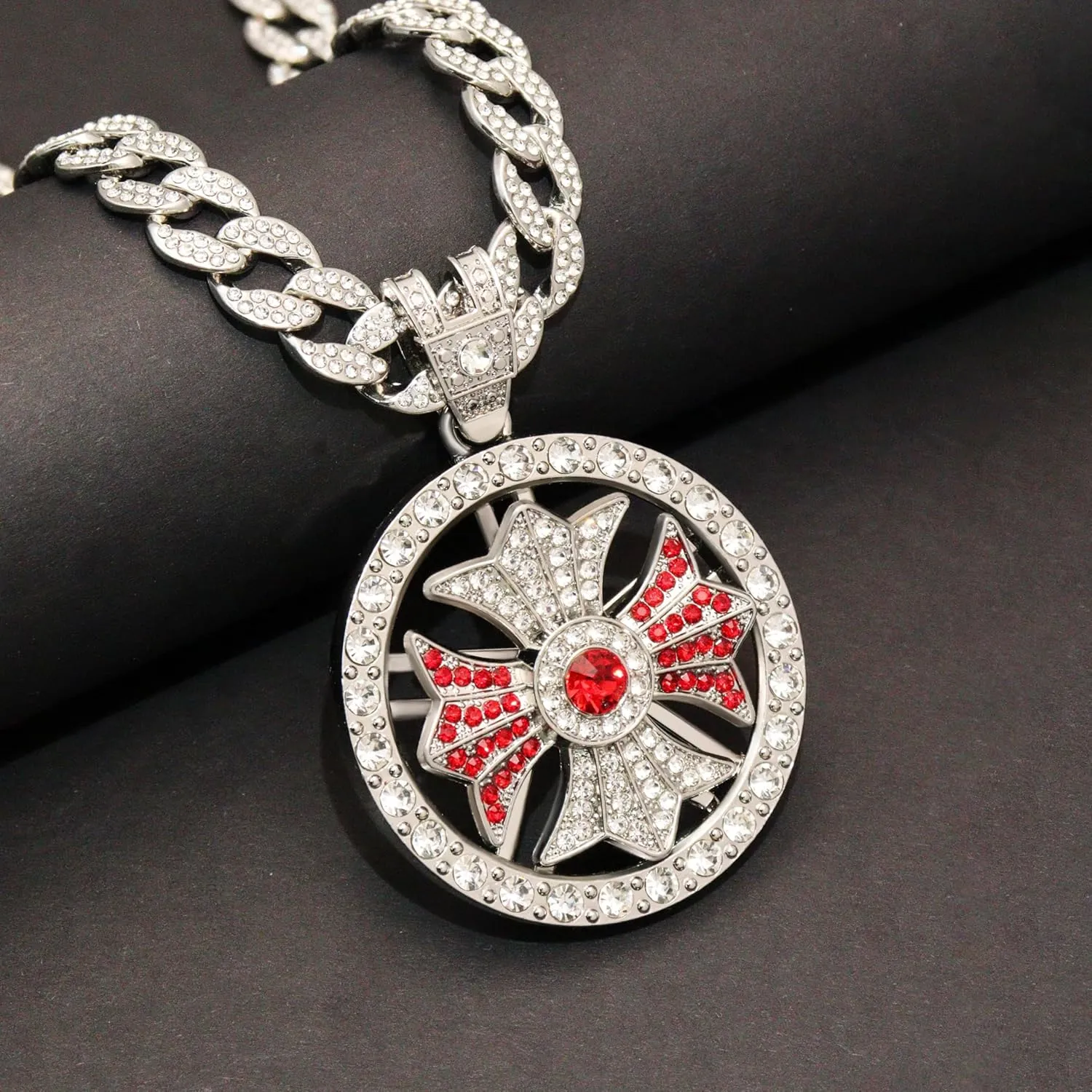 Men Hip Hop 18K Gold Silver Plated Diamond Cuban Link Chain Necklace Round Spinner Rotatable Spider Cross Windmill Pendant Necklace Shiny Rhinestone Pendant Jewelry