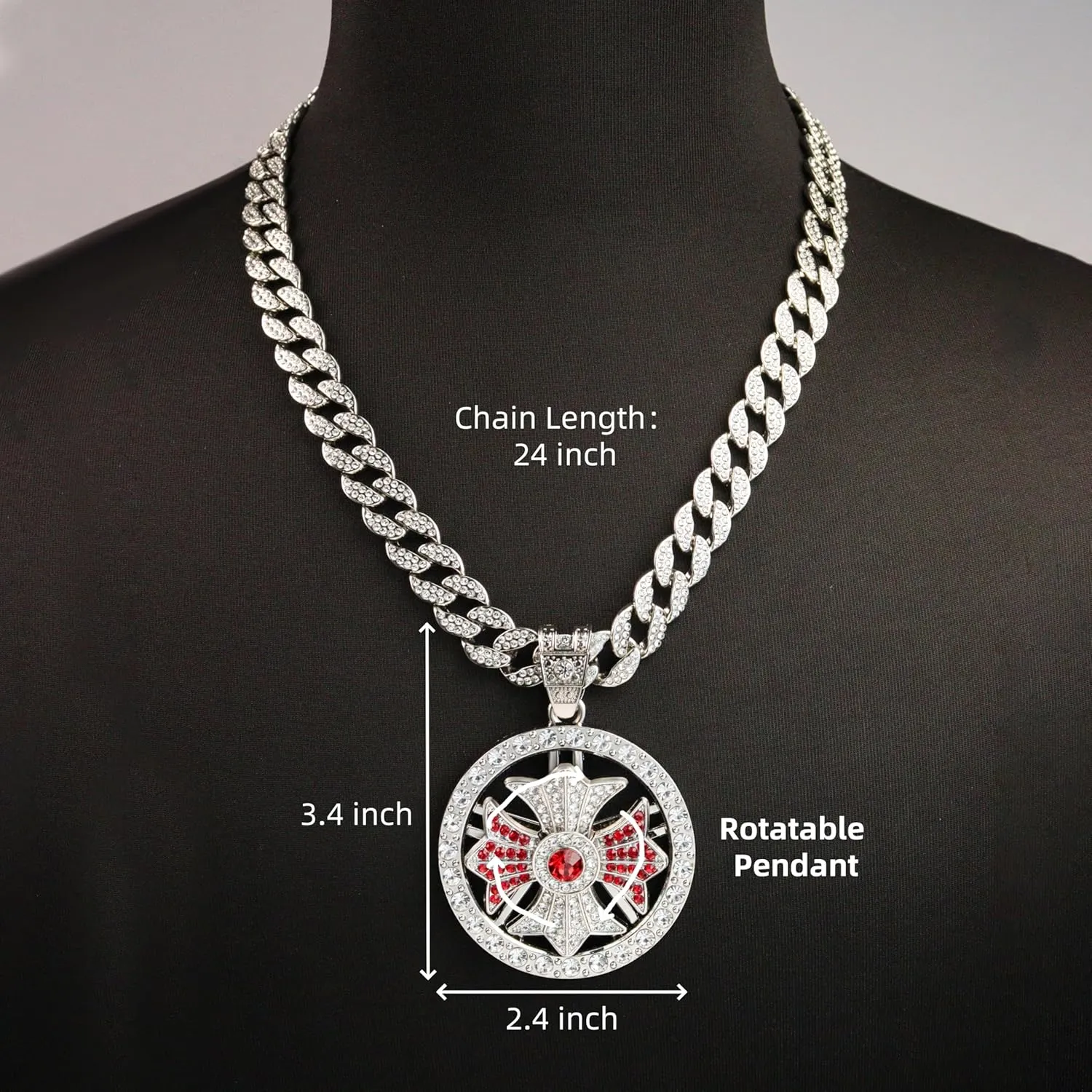 Men Hip Hop 18K Gold Silver Plated Diamond Cuban Link Chain Necklace Round Spinner Rotatable Spider Cross Windmill Pendant Necklace Shiny Rhinestone Pendant Jewelry